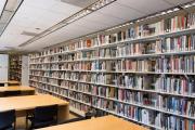 Long shot of bookshelves at Iwasaki Library