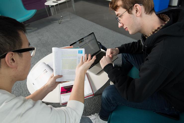 Two people sitting and studying at a laptop