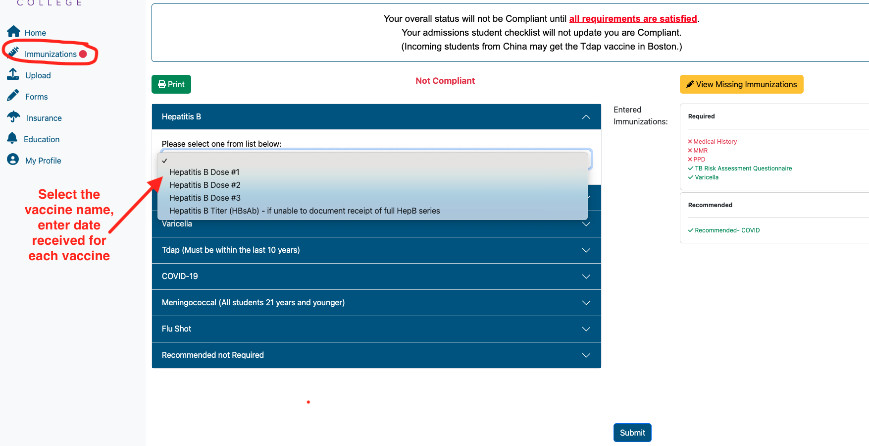 Instructions for the fourth step of the student health portal