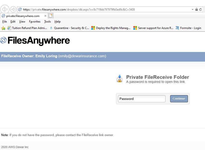 Screenshot from a browser window displaying Dewar's FileReceive link. A password is required to proceed. A note at the bottom reads: Note: If you do not have the password, please contact the File Receive link owner.