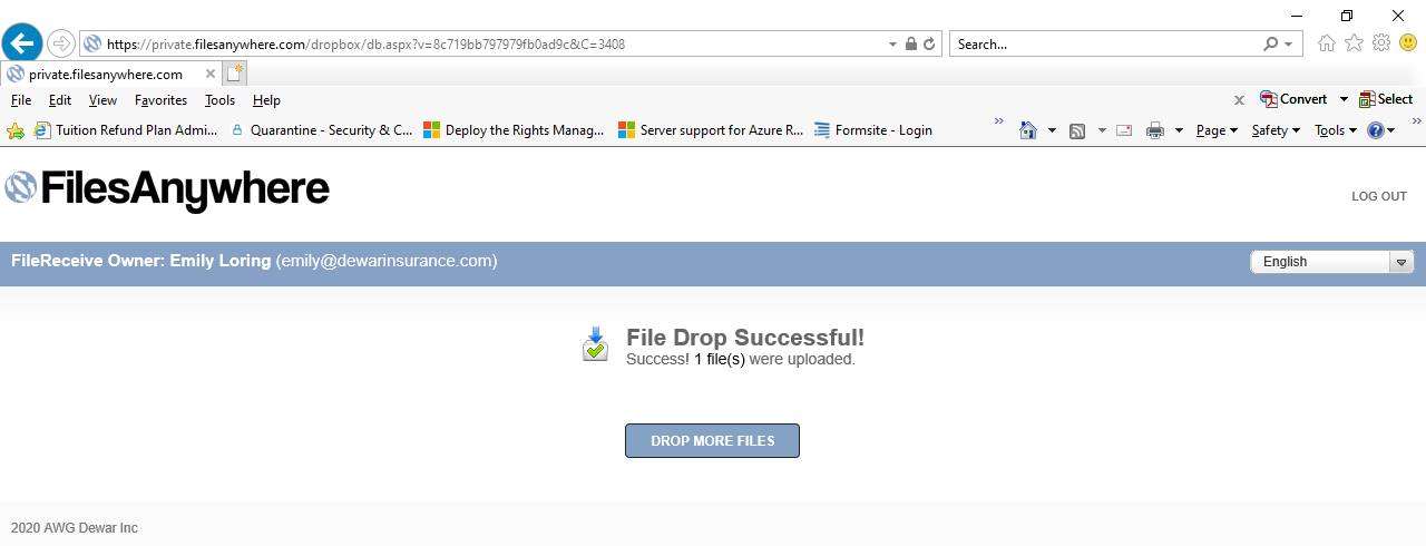 Screenshot from a browser with fields a user needs to complete for uploading documentation. Fields include School or College Name; an Optional Message; and a file upload.