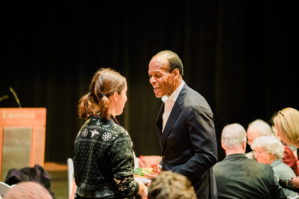 President Pelton greets a Marlboro Student