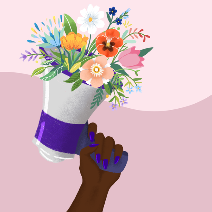 Illustration of a hand holding a purple and white megaphone with flowers coming out against a pink background