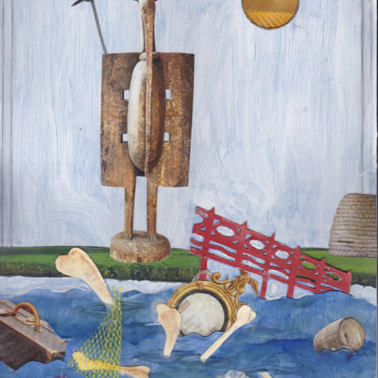 Painting by Nyugen Smith that features broken bones, mirrors, a suitcase floating in water. On the grass, a lamp and sculpture stand against a white background.