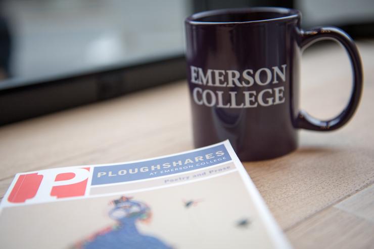 a book next to a mug that says emerson college