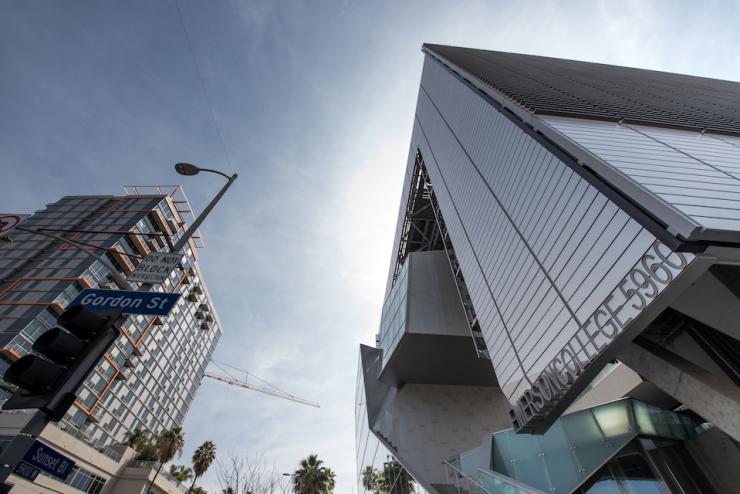 exterior shot of Emerson Los Angeles building next to other city buildings at upward angle