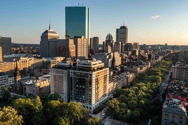 Dron shot of the city of Boston at sunset