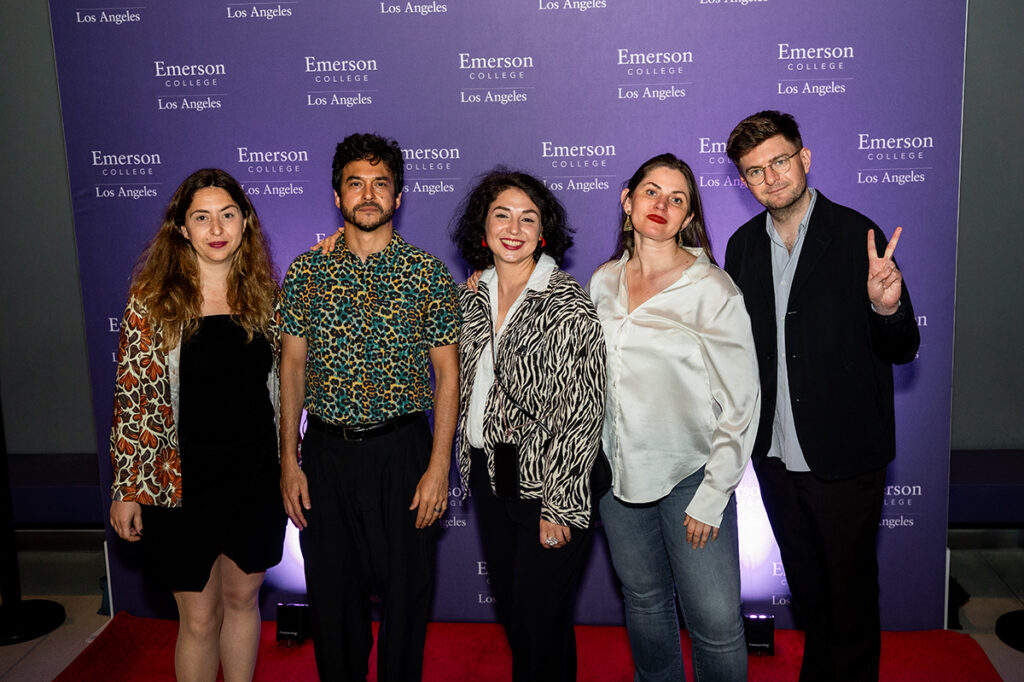 Five filmmakers pose in front of Emerson Los Angeles step and repeat
